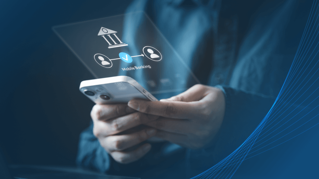 Person using a mobile banking app on a smartphone with digital banking and financial service icons.