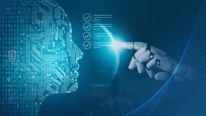 Human profile made of circuits and a robotic hand pointing elements, symbolizing AI, automation, and decision support in IT.