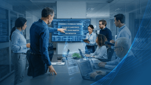 IT professionals meeting to discuss selecting a technology partner for an enterprise and driving digital transformation.