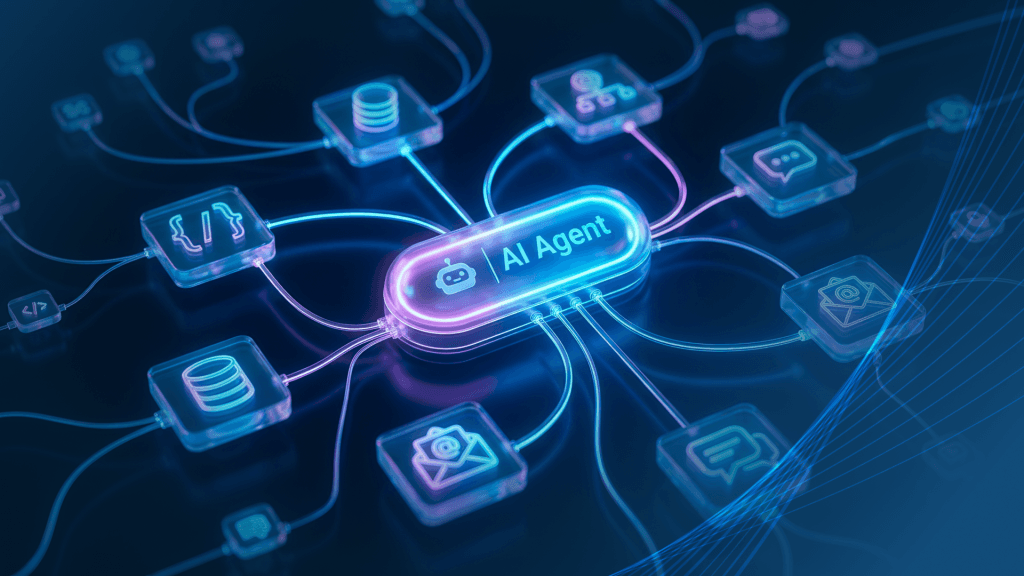 AI agent connected to enterprise systems, APIs, databases and communication tools in an AgentOps architecture