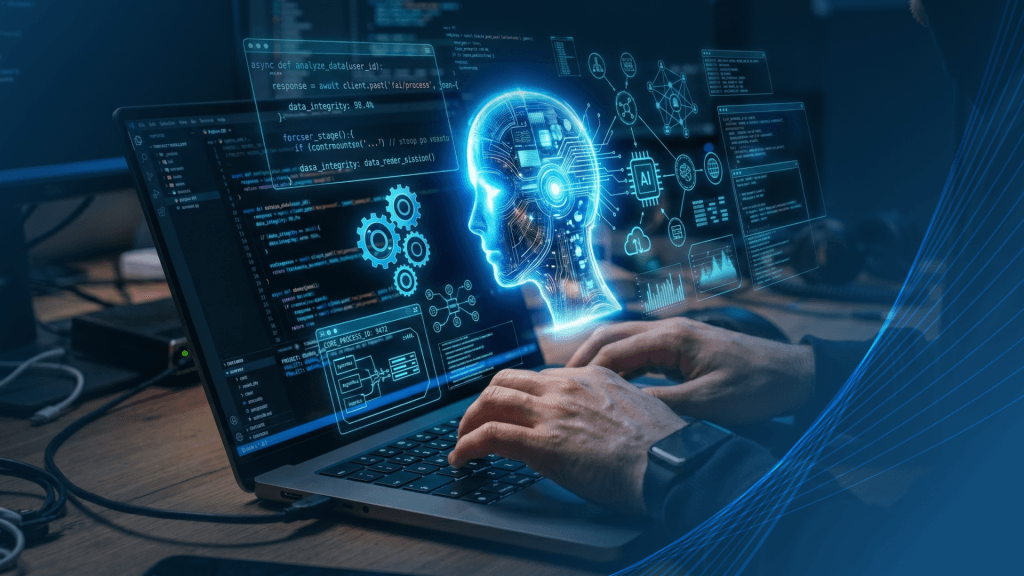 Interfejs systemu AI na ekranie laptopa podczas analizy i testowania rozwiązania